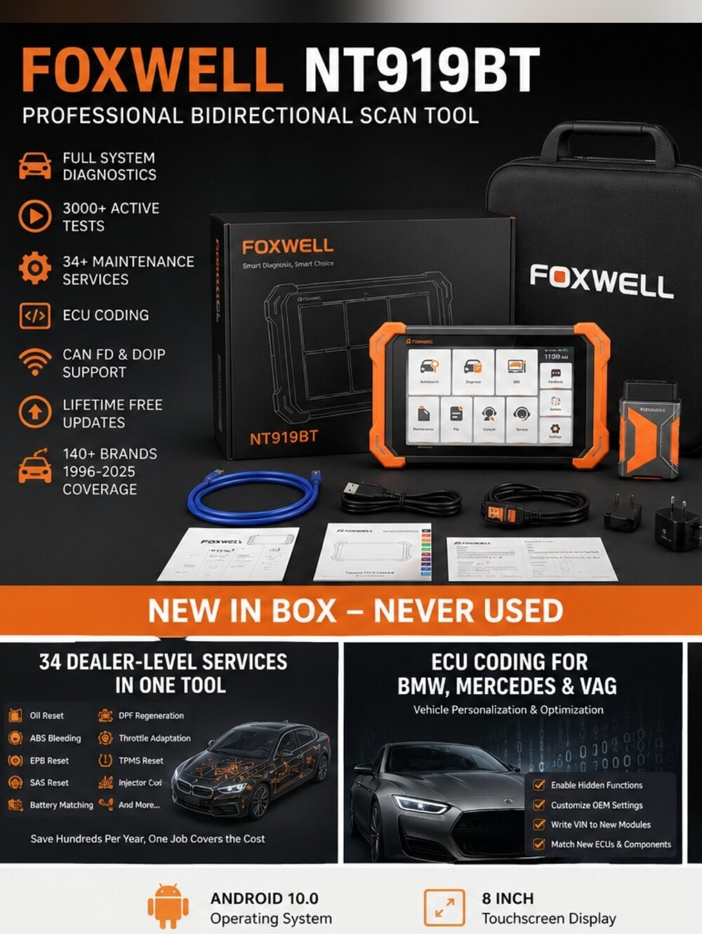 FOXWELL NT919BT Professional Bidirectional OBD2 Scanner | NEW IN BOX |